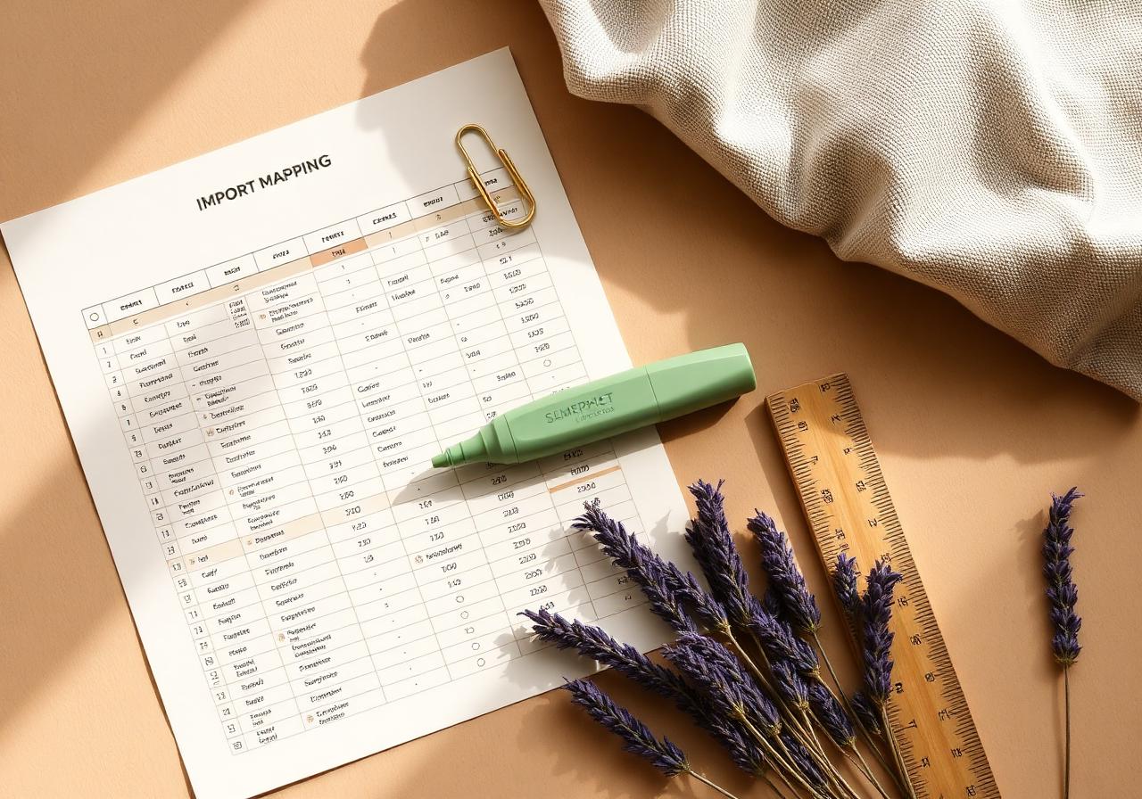 Printed import mapping sheet with a highlighter and ruler