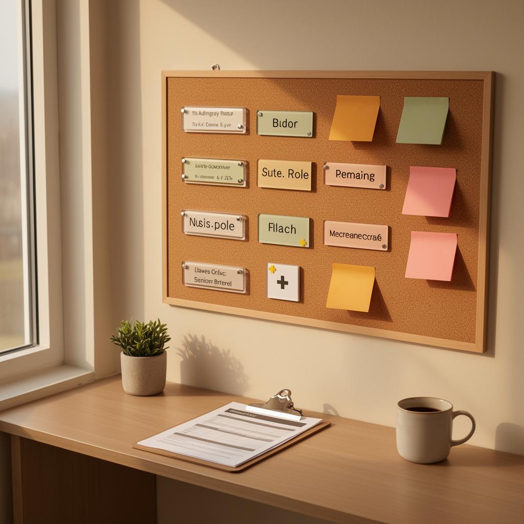 Staff huddle clipboard with magnetic role tiles and color-coded notes