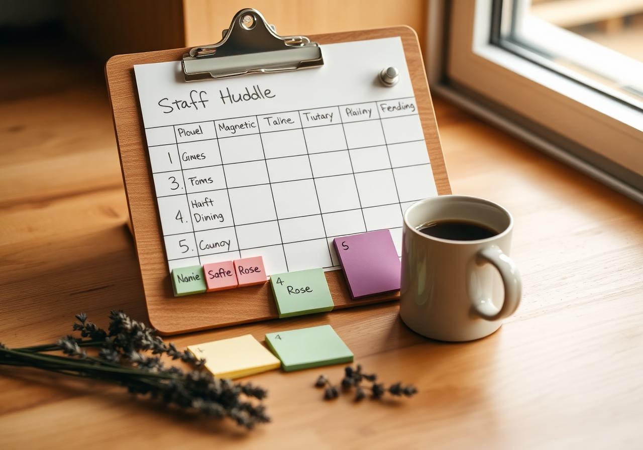 Staff huddle clipboard with magnetic role tiles and color-coded notes
